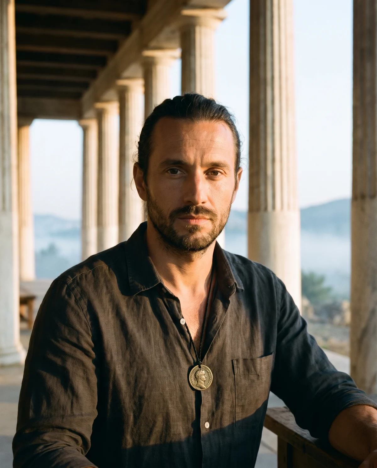 Brother Kairos in a marble temple colonnade at sunrise